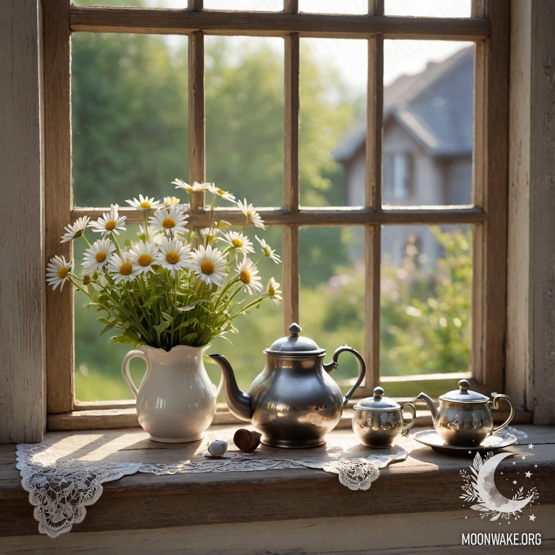 A photorealistic wooden window sill with a metal teapot and daisies illuminated by sun rays.