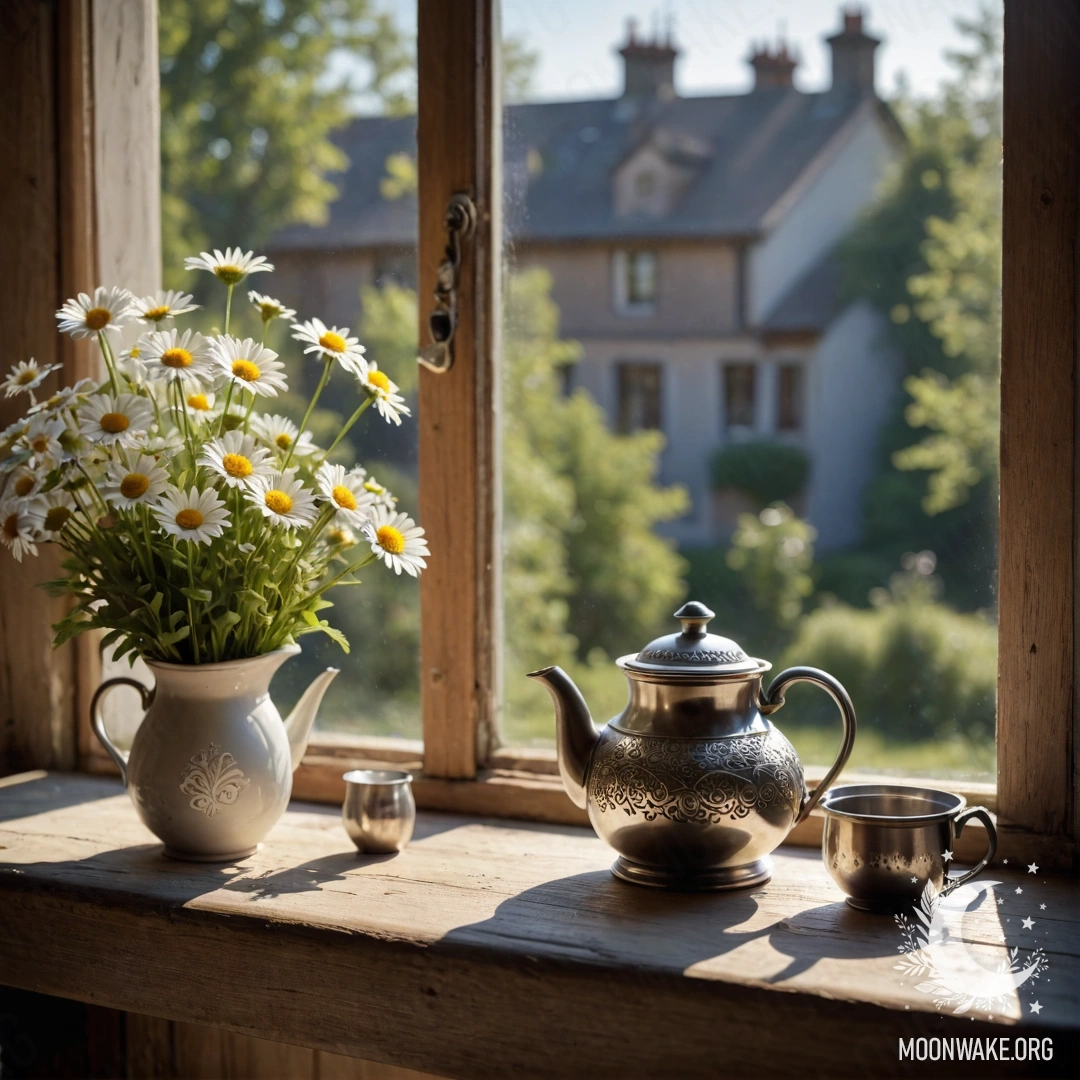 A rustic wooden window sill with a decorative metal teapot and daisies basking in sunlight.