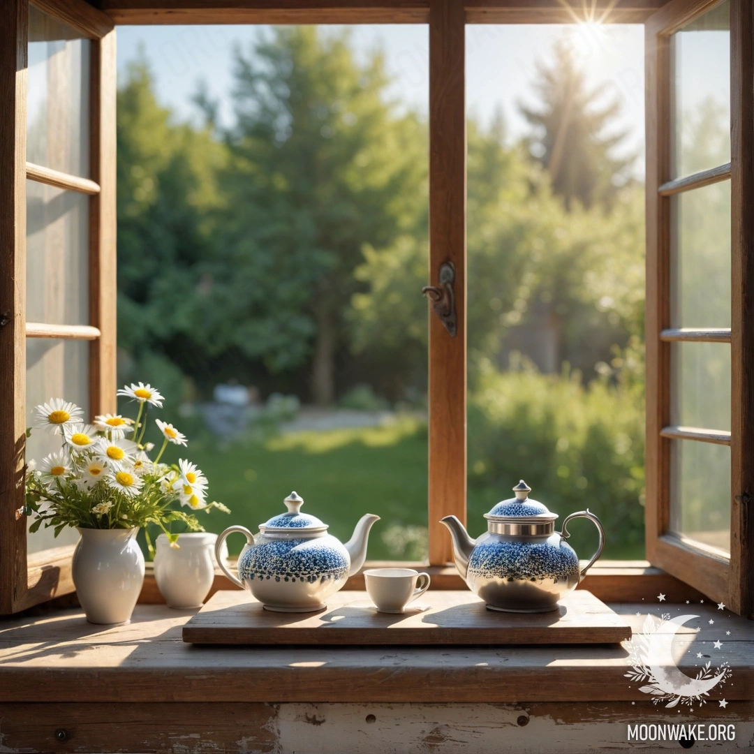 A metal teapot adorned with patterns sits on a shabby wooden window sill, surrounded by daisies and bathed in sunlight.