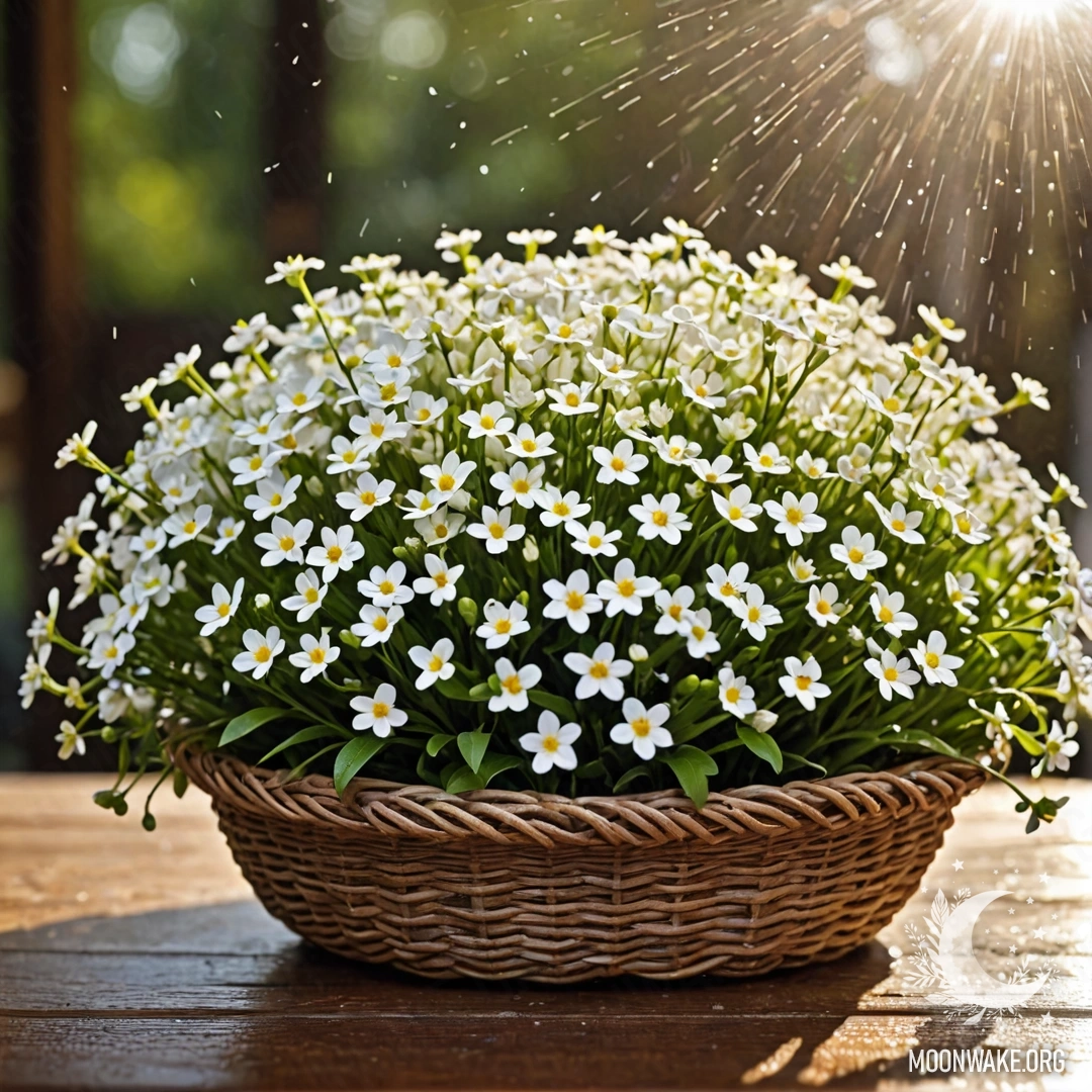 Sunlit White Flower Basket Under Rain A delicate basket filled with small white flowers, placed on a wooden table, illuminated by the sun's rays, while rain falls gently.