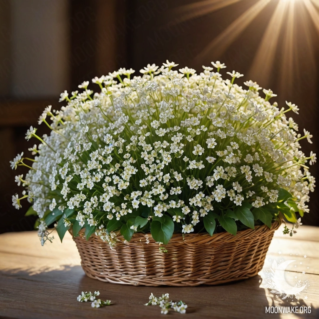 A basket filled with small white flowers illuminated by sunlight on a wooden table.