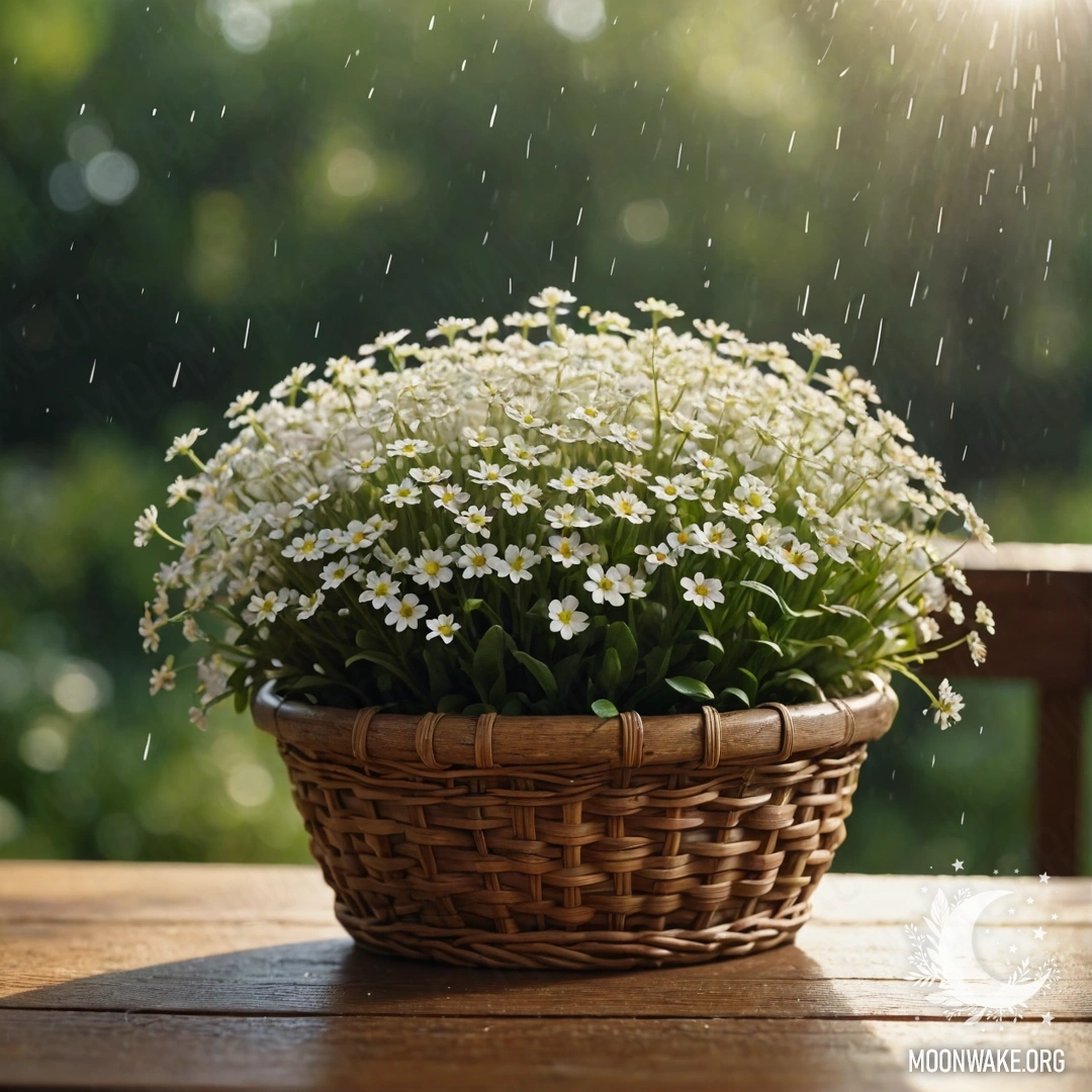 Sunlit White Flowers in a Basket A basket filled with small white flowers placed on a wooden table during rain, with sunlight illuminating the scene.