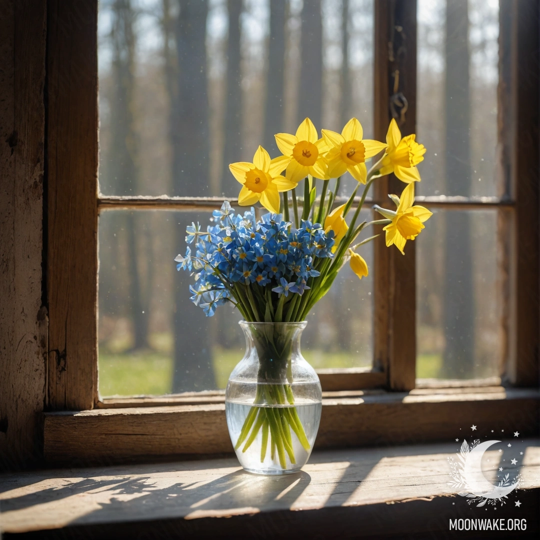 An old wooden window sill adorned with a white porcelain vase holding bright yellow daffodils and delicate blue forget-me-nots, illuminated by gentle sun rays.