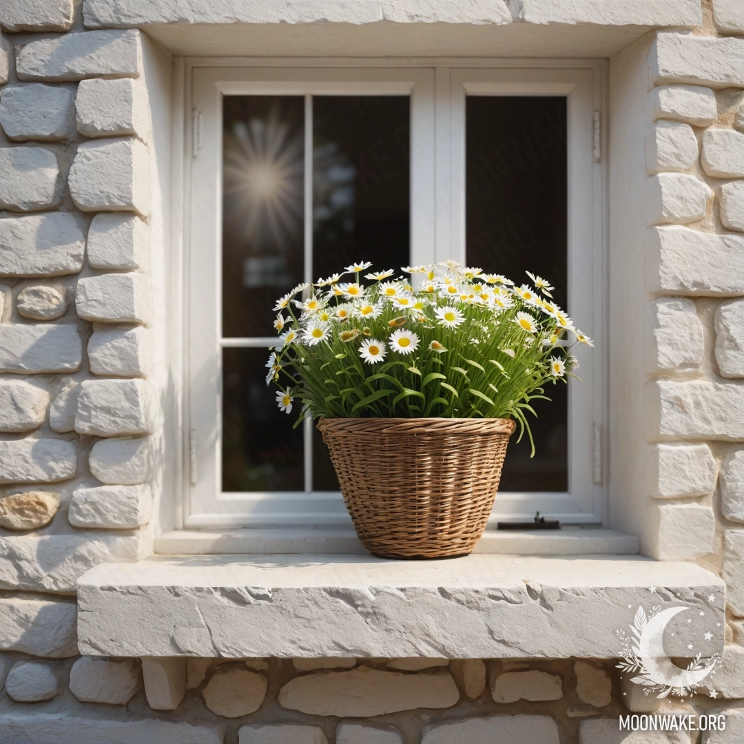 Sunlit Window with Daisies A beautiful white stone wall with an open window and a basket of daisies on the windowsill, illuminated by sun rays.