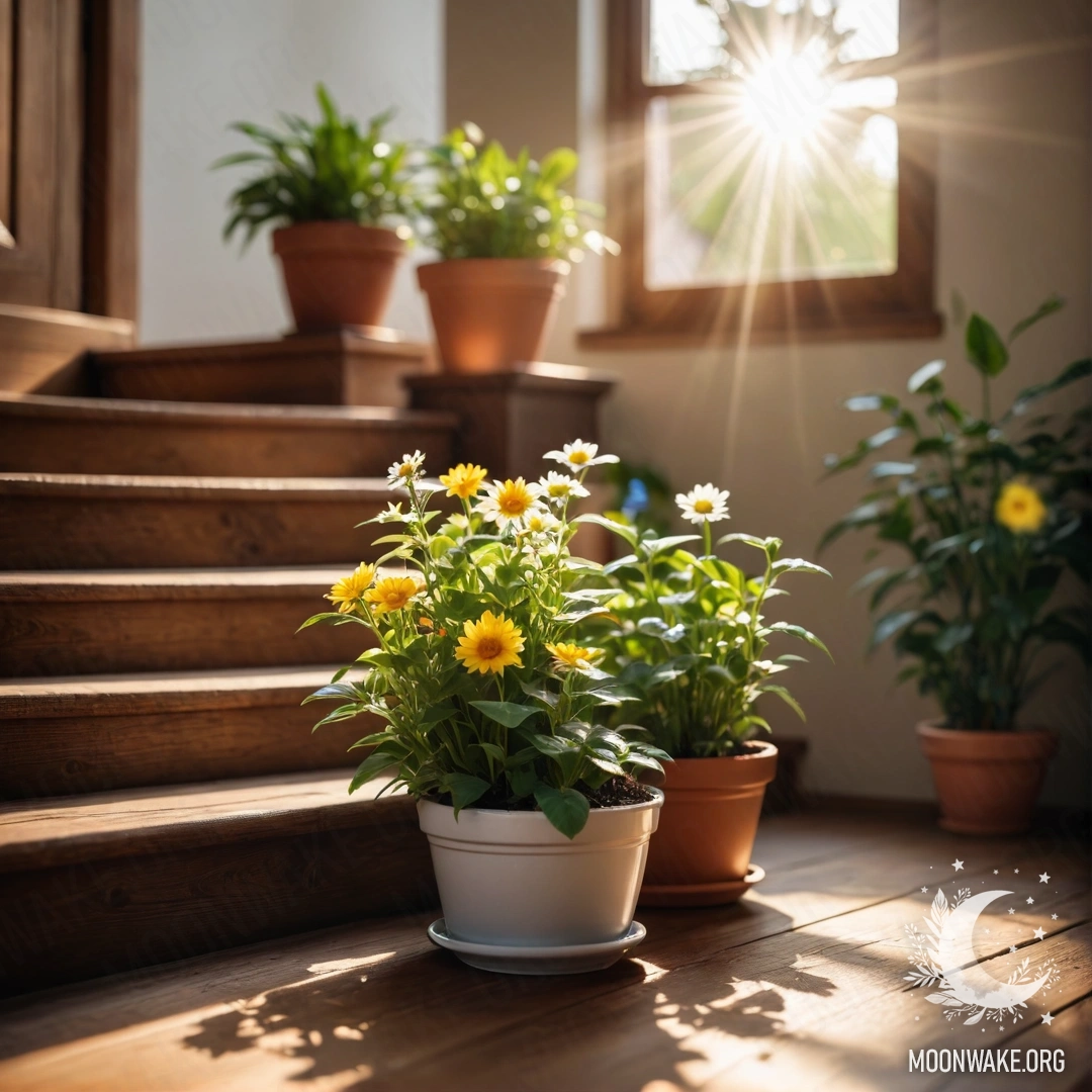 Sunlit Wooden Staircase with Flowerpots A peaceful wooden staircase adorned with flowerpots under sun rays.