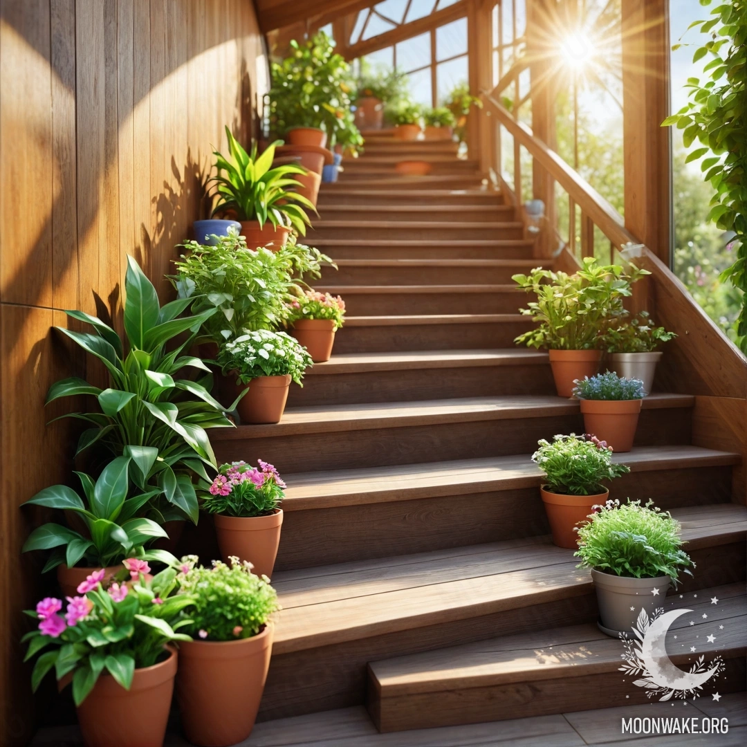 Sunlit Wooden Staircase with Flowerpots A wooden staircase adorned with flowerpots, illuminated by sun rays.