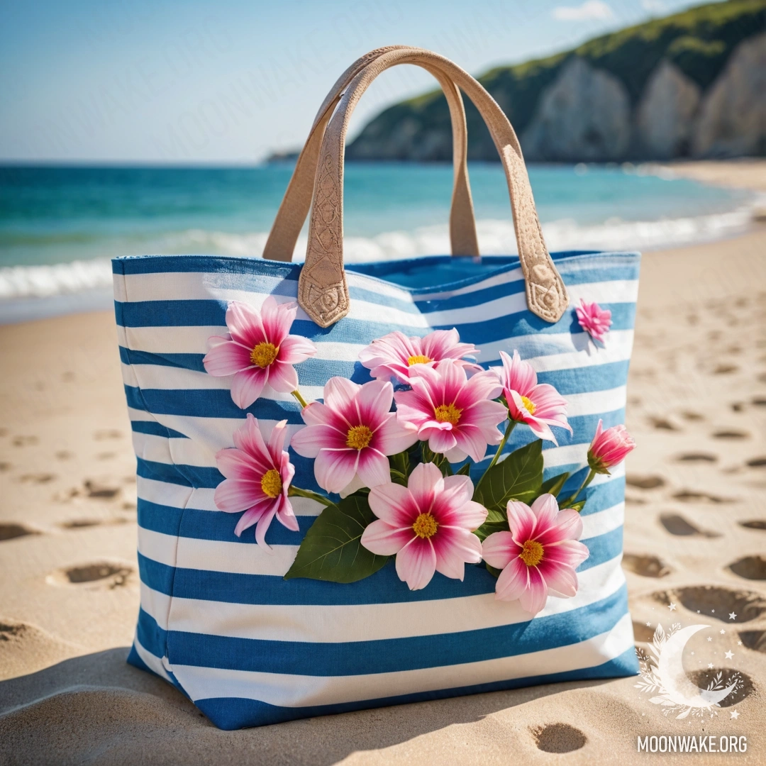 A white and blue striped bag filled with pink flowers on a sandy beach.