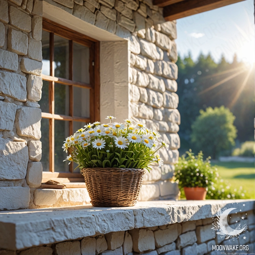 A bright windowsill with a basket of daisies surrounded by sunshine.
