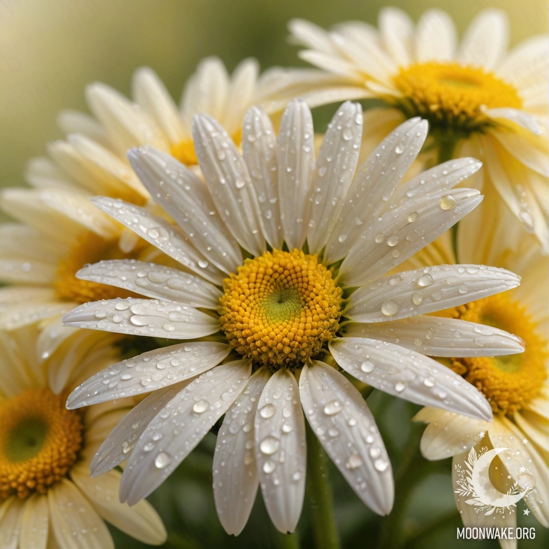 A bouquet of cream yellow daisies adorned with dew drops in sunlight.