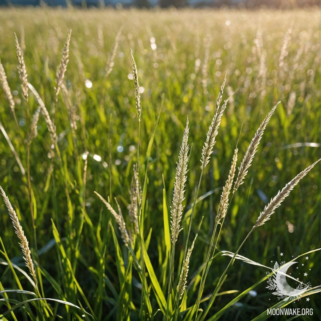 Close-up of green field grass with blurred colorful flowers in the background