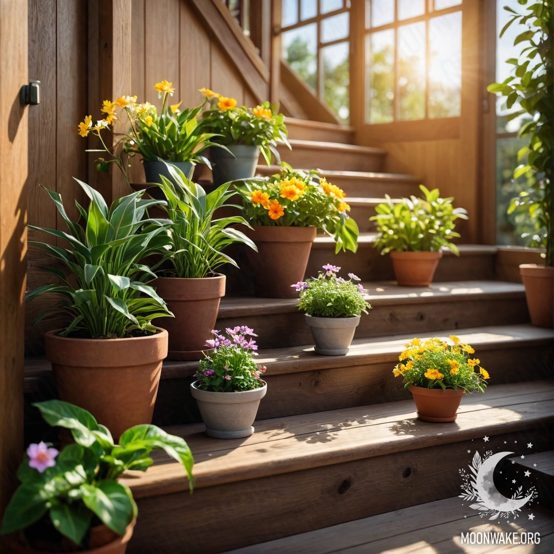 A serene wooden staircase adorned with flowerpots basking in sunlight.
