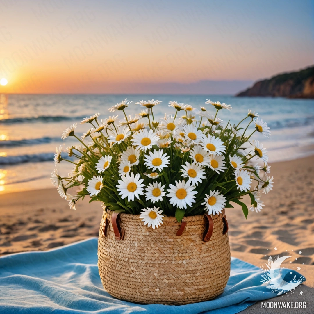 A straw bag on a sandy beach at sunset, filled with a blue tablecloth and a bouquet of daisies.