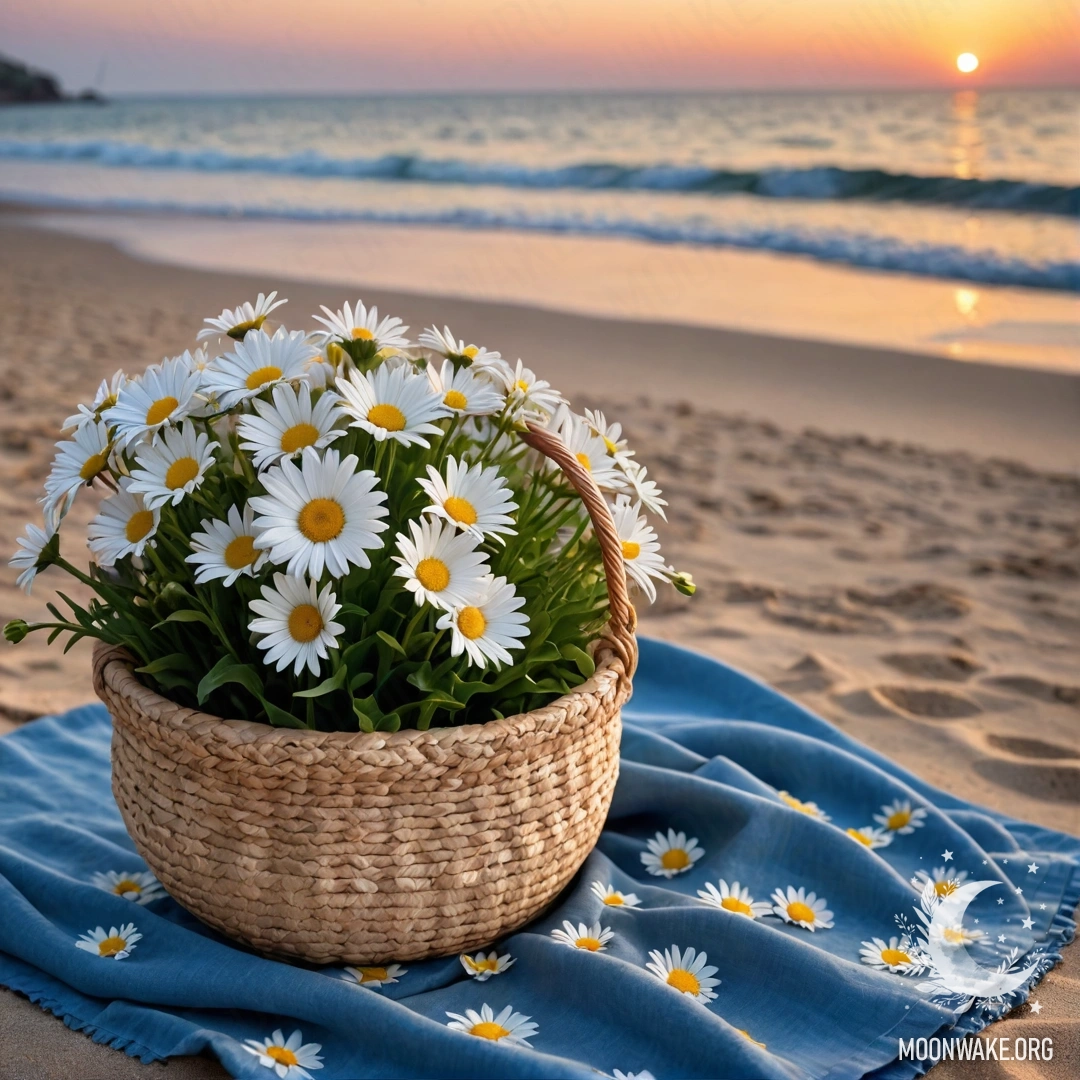 A straw bag containing a blue tablecloth and a bouquet of daisies on a sandy beach at sunset with the sea in the background.