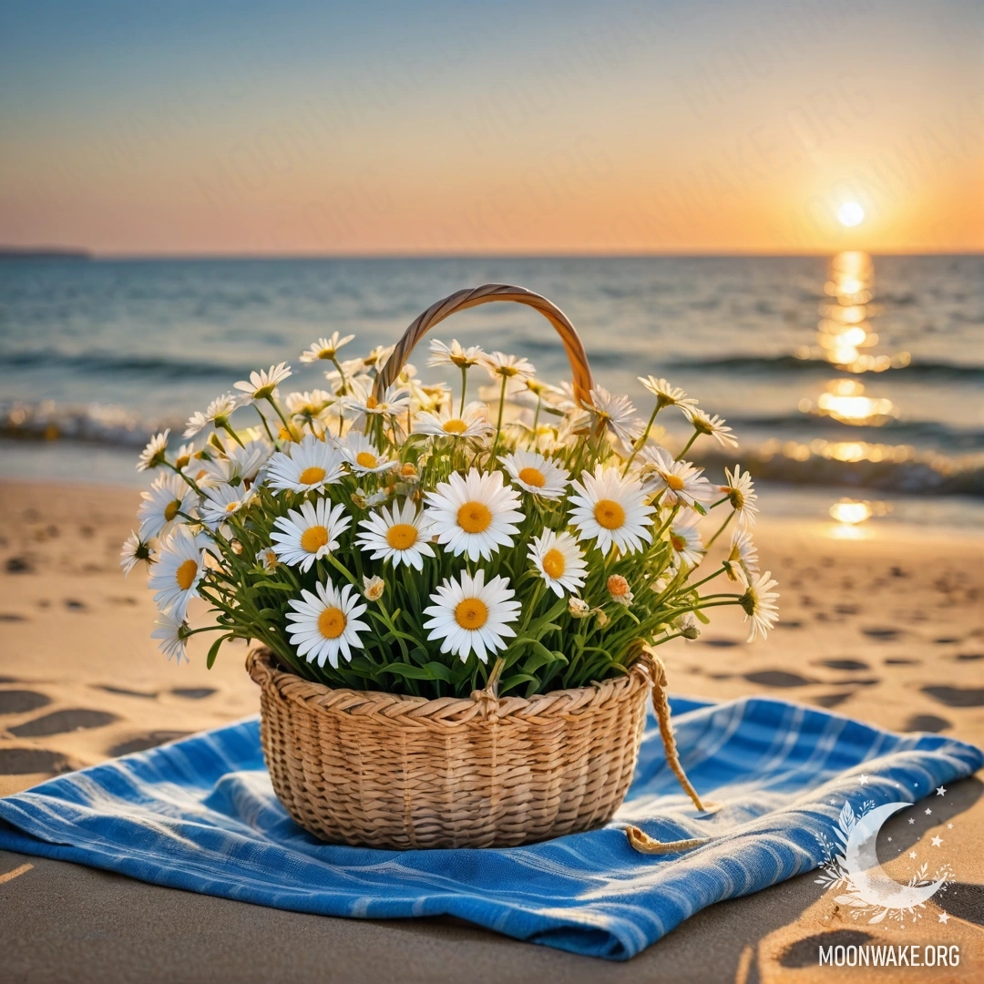 A straw bag with a blue tablecloth and a bouquet of daisies on a sandy beach at sunset, overlooking the sea with sun rays.