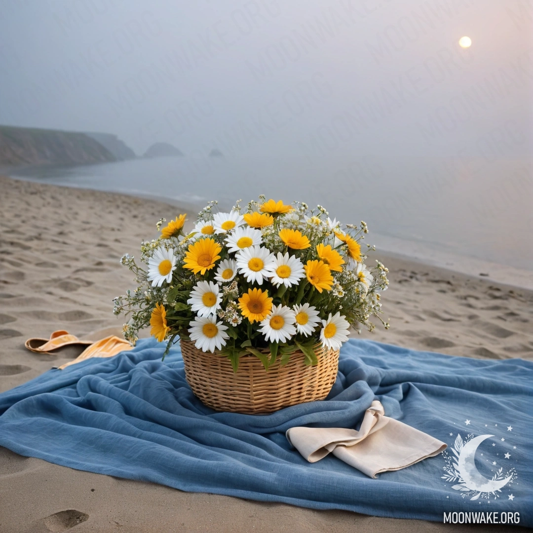 A straw bag with a blue tablecloth and a bouquet of daisies on a sandy beach at sunset with dense fog in the background.