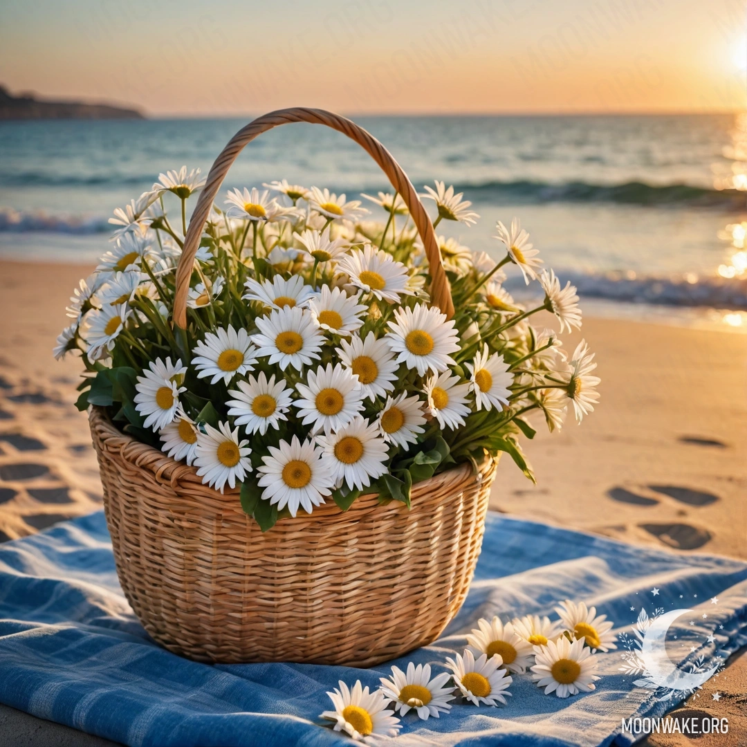 Sunset Bliss on the Beach A straw bag with a blue tablecloth and a bouquet of daisies on a sandy beach at sunset.