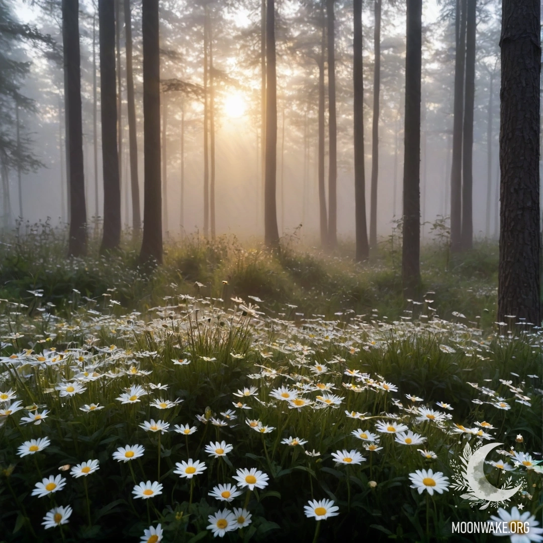 Close-up of daisies with sun rays shining through trees and heavy fog.