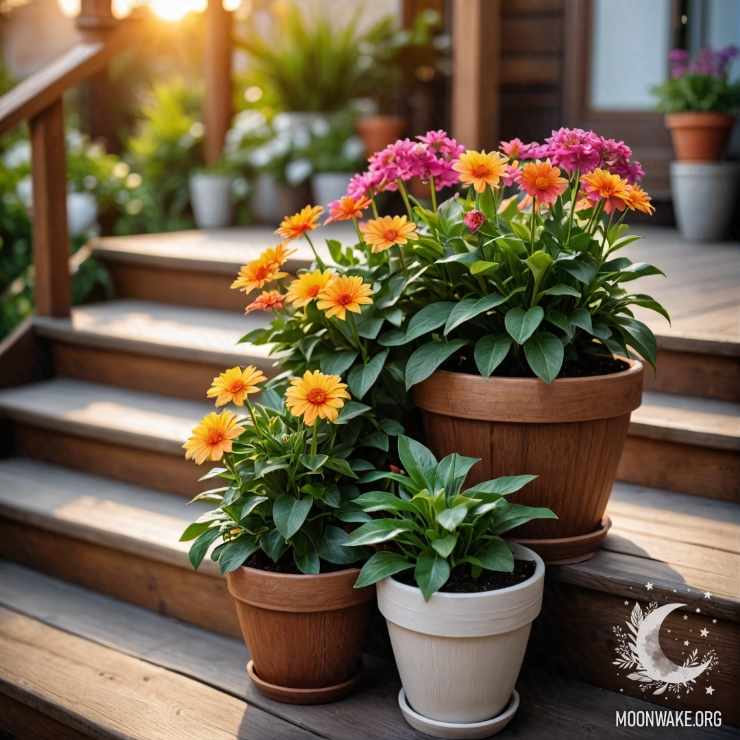 A beautiful wooden staircase adorned with flowerpots during sunset.