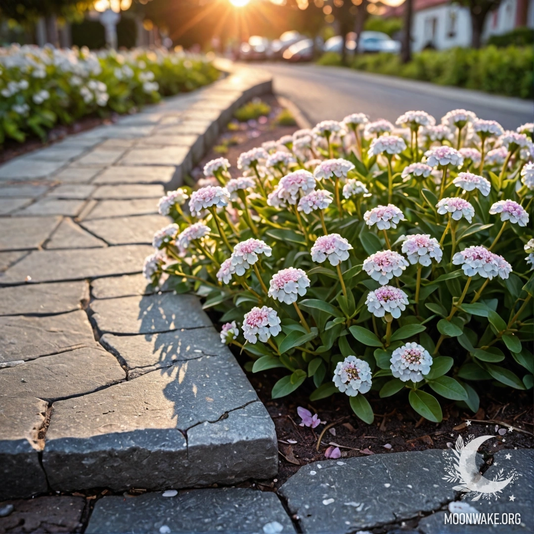 A shabby stone curb with small white and pink flowers growing behind it under the sunset.