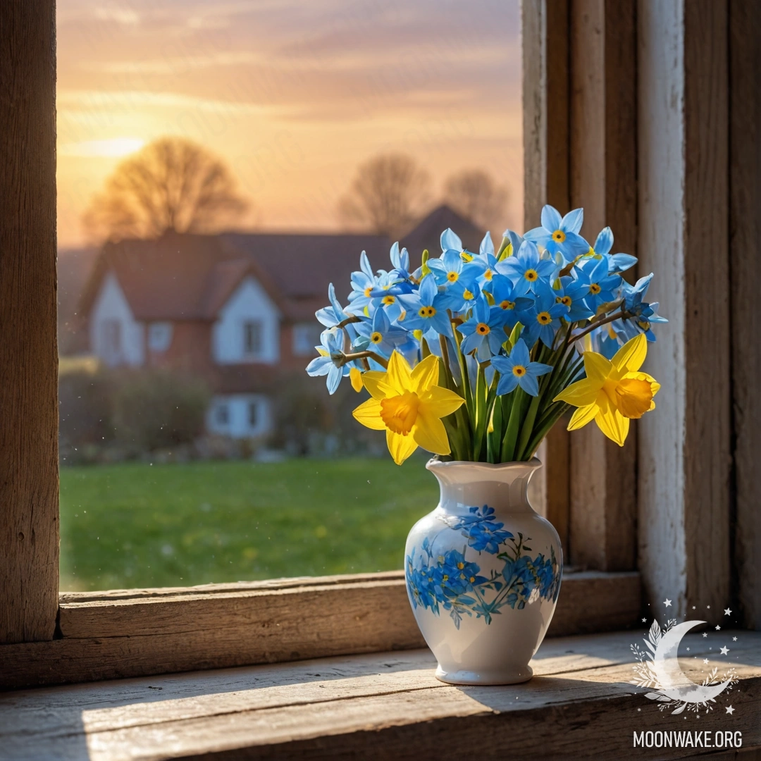 A weathered wooden windowsill with a white vase holding daffodils and forget-me-nots under a sunset sky.