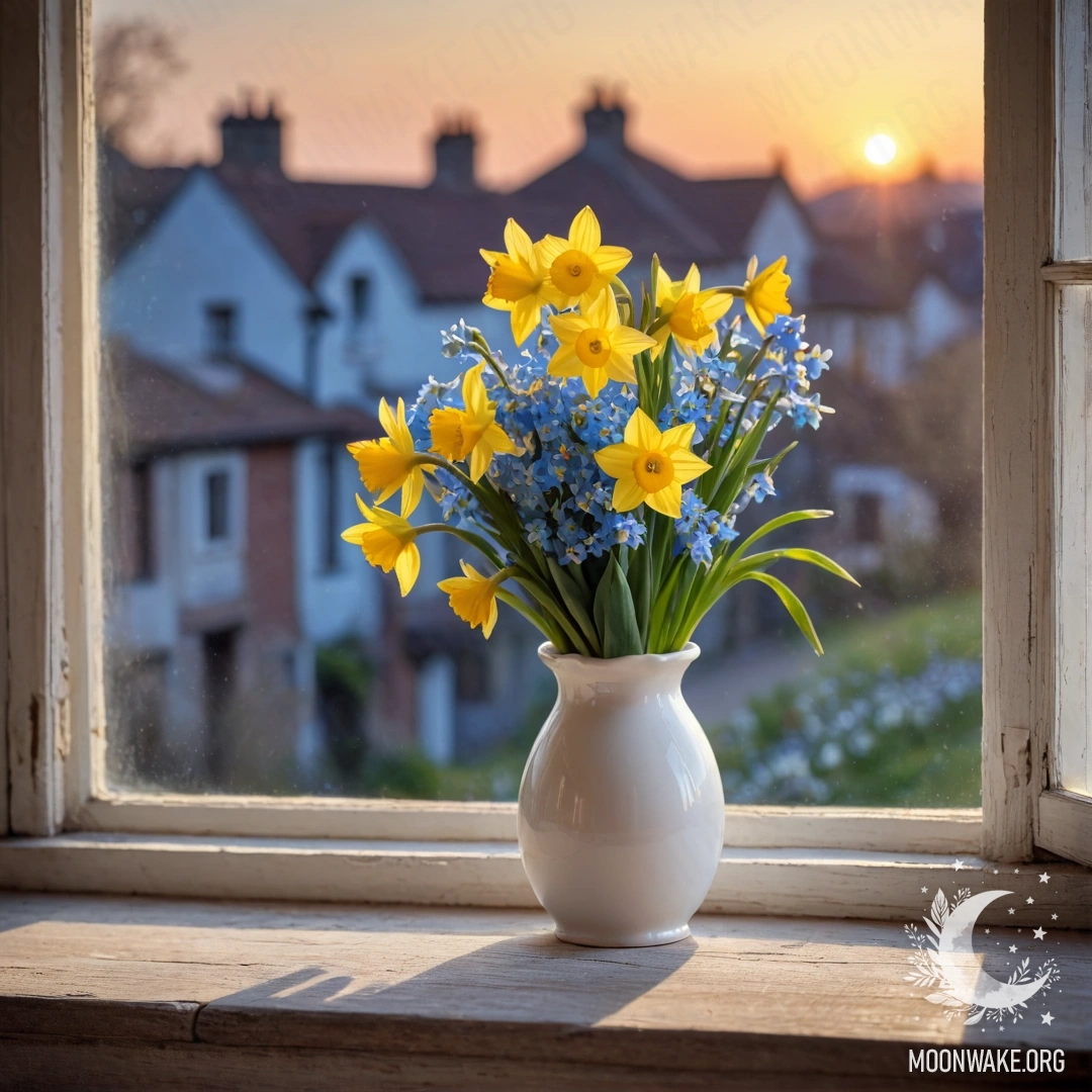 An old wooden window sill with a white vase holding daffodils and forget-me-nots during sunset.