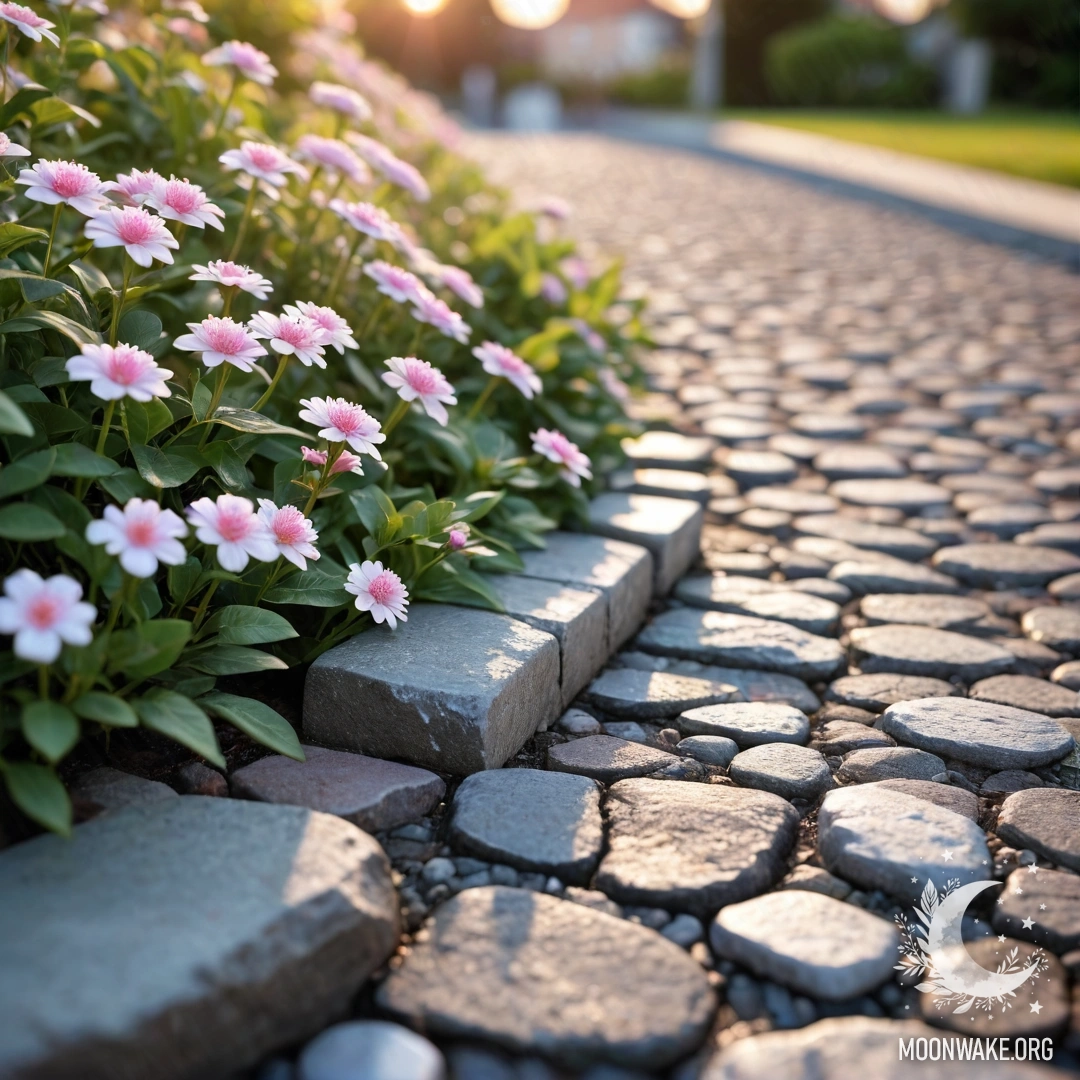 A shabby stone curb with small white and pink flowers growing behind it at sunset.