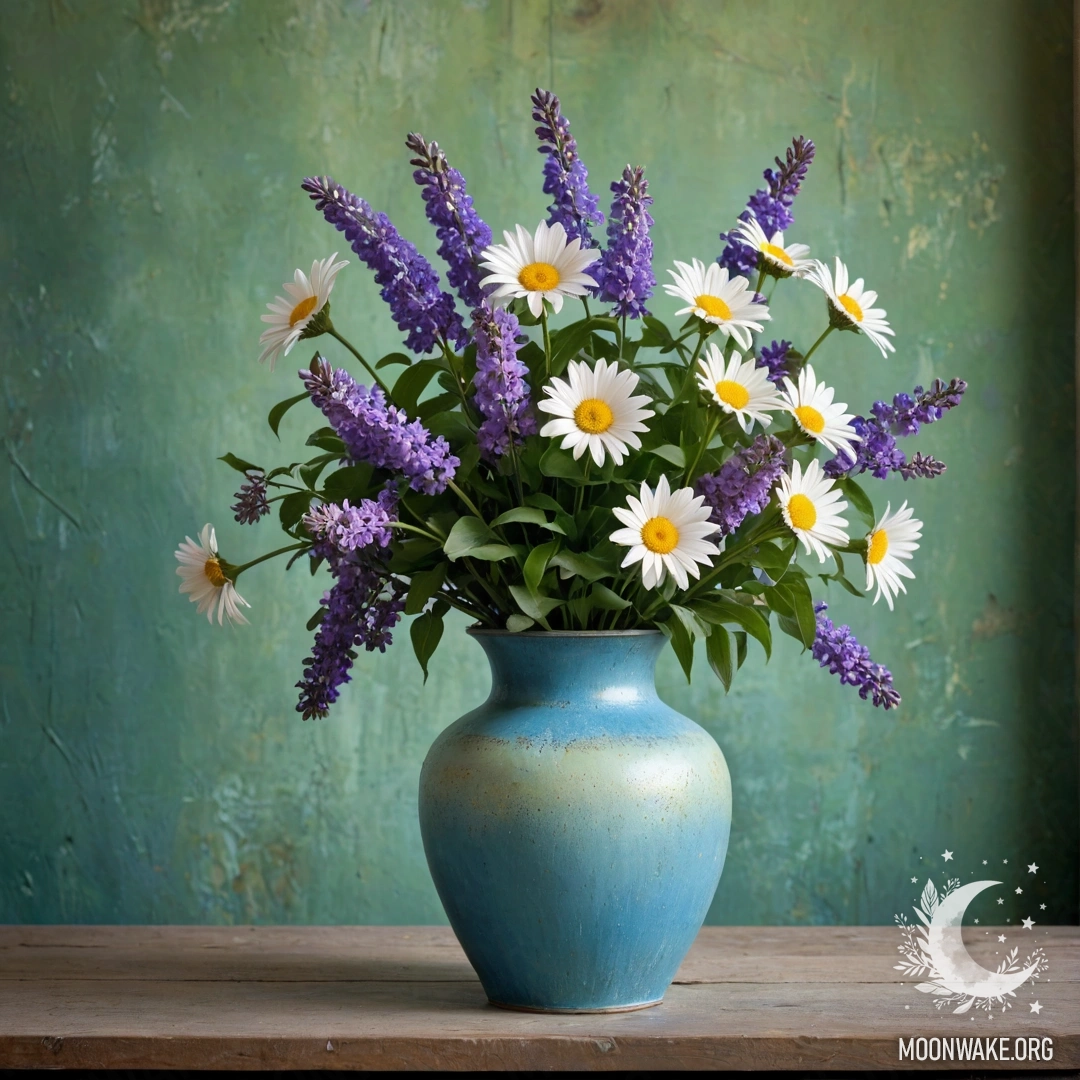A shabby blue vase filled with daisies and lilacs, against a greenish wall during sunset.