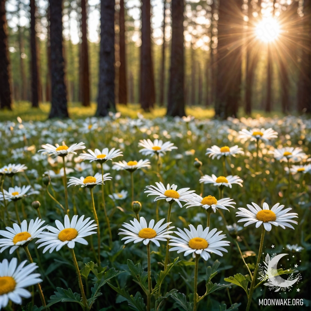 Close-up of daisies illuminated by sunset light in a forest.