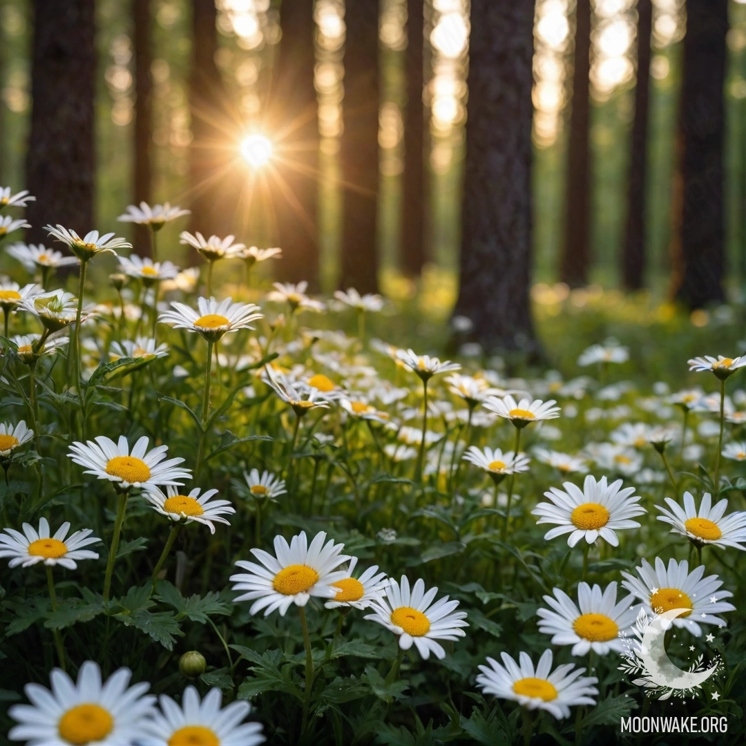 Close-up of white daisies illuminated by a garland light in a forest.