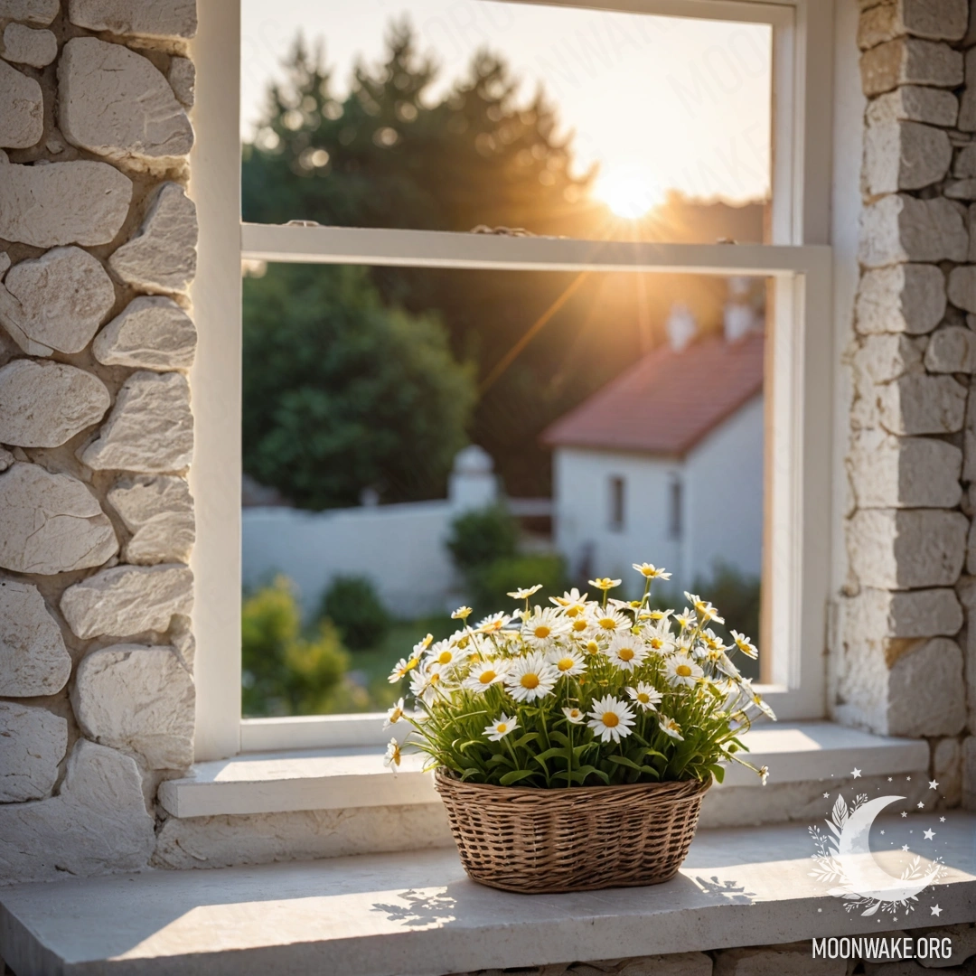 A basket of daisies on a windowsill next to an open window on a white stone wall during sunset.