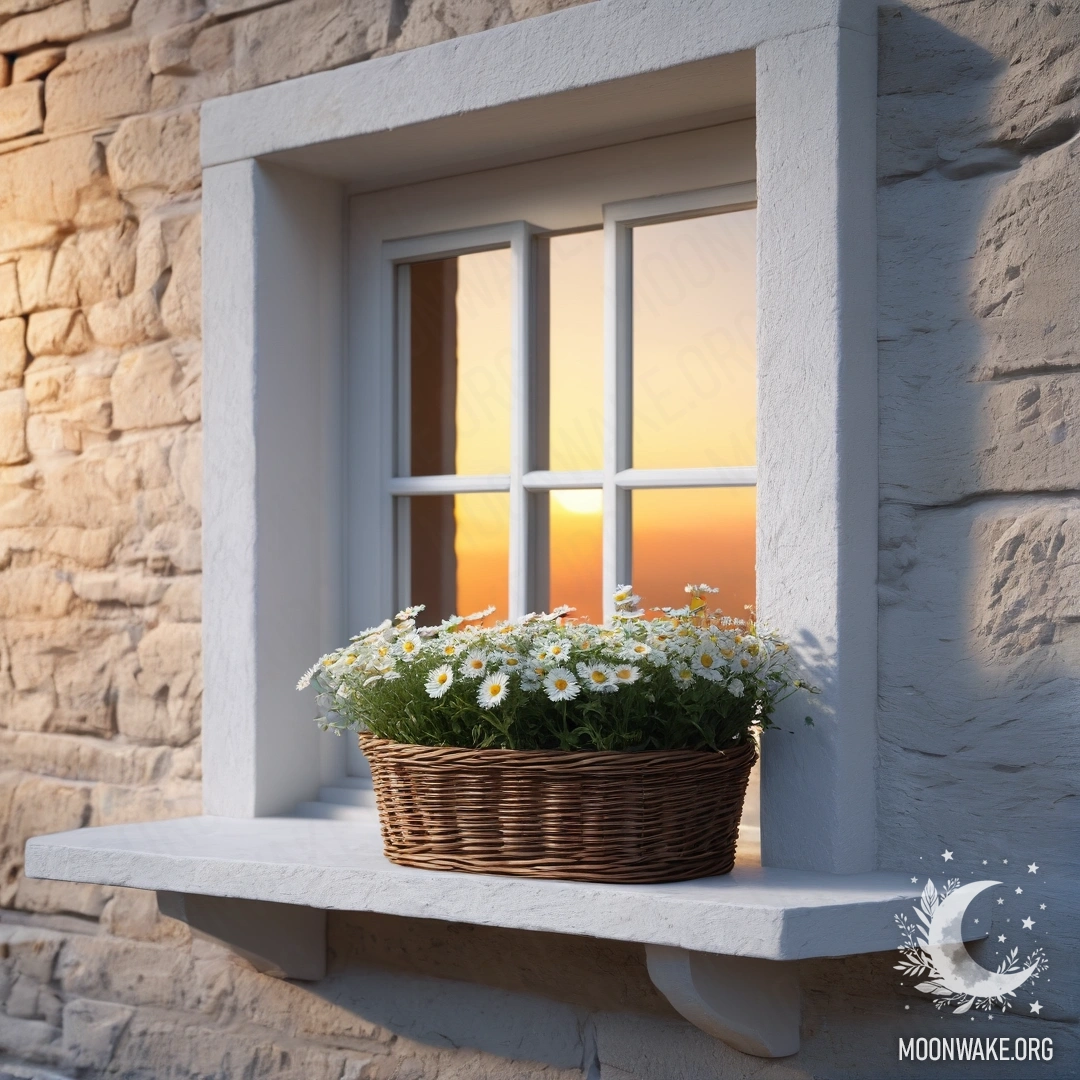 A photorealistic image of a white stone wall with an open window and a basket of daisies on the windowsill during sunset.