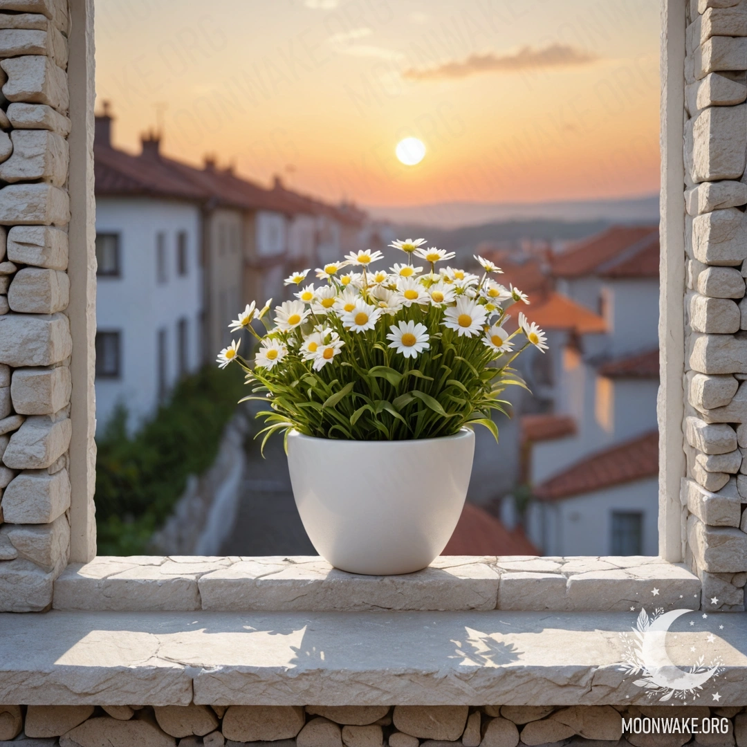 A photorealistic image of a white stone wall with an open window and a basket of daisies on the sill during sunset.