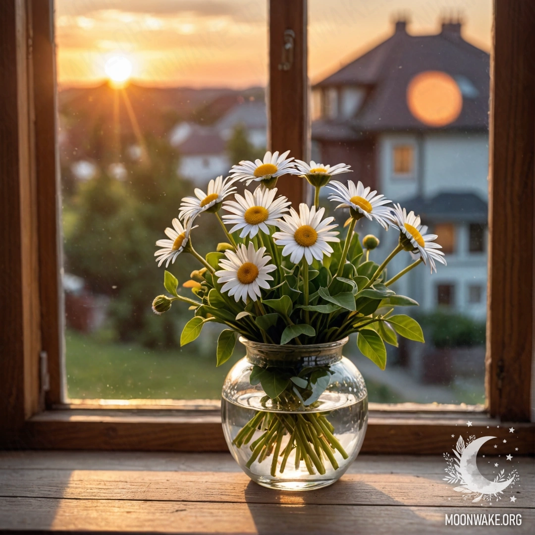 A glass vase with daisies placed on a wooden vintage windowsill during sunset.