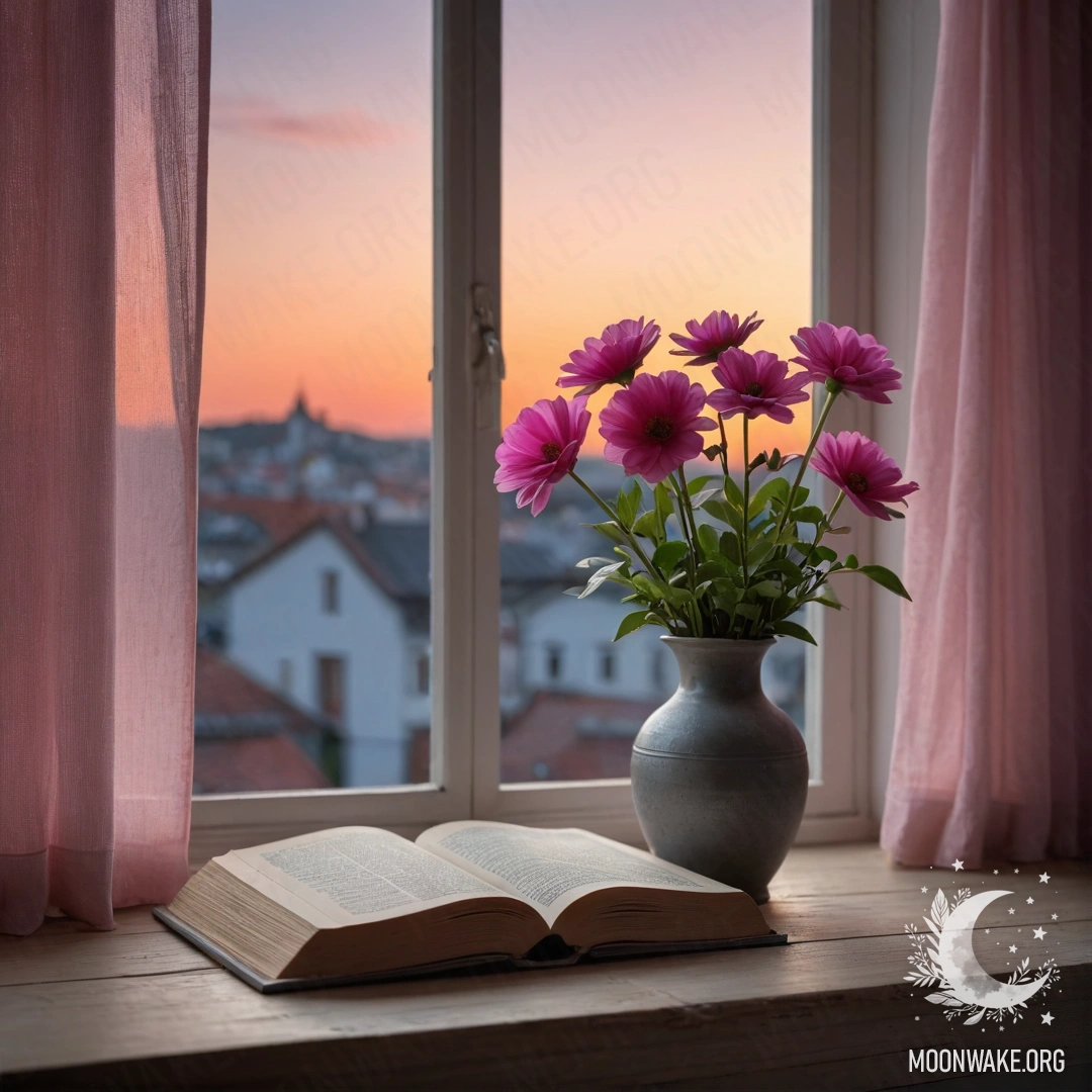 A wooden window sill with an old shabby book, a gray vase with pink flowers, and a pink curtain during sunset.