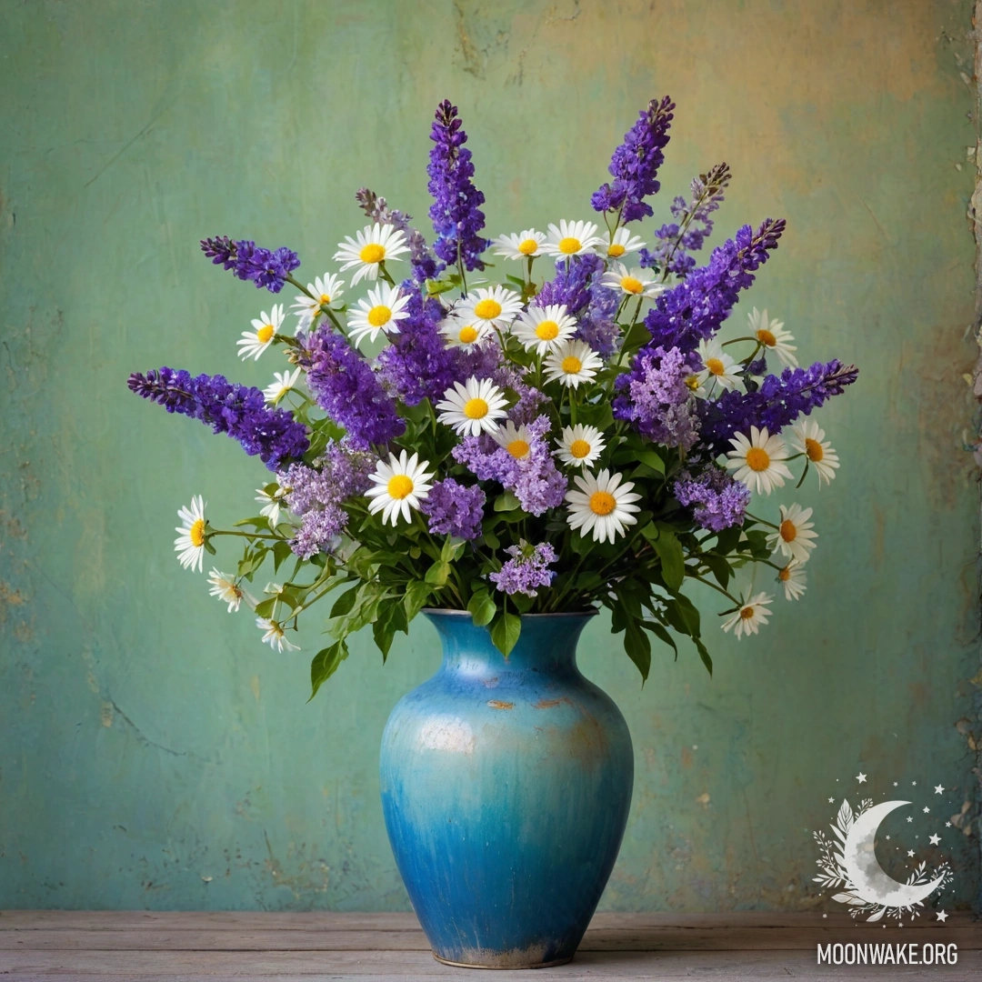A shabby blue metal vase filled with daisies and lilacs against a greenish wall during sunset.