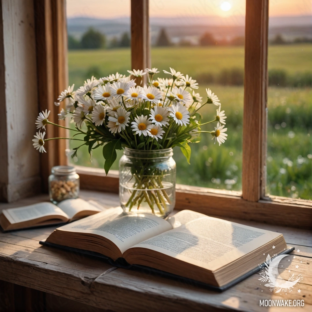 A photorealistic image of a rustic wooden windowsill with a jar of daisies and an open book at sunset.