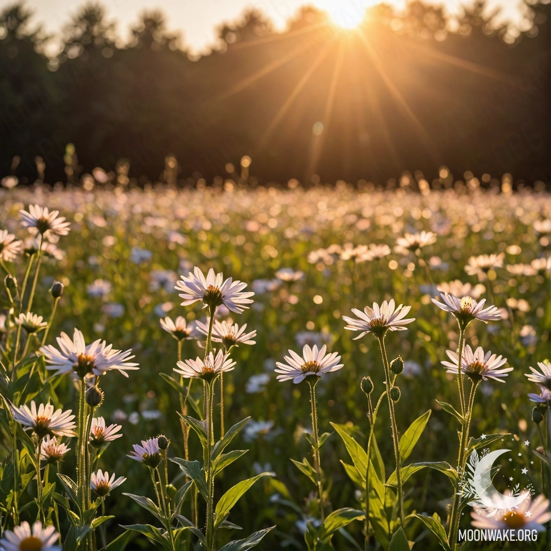 Sunset Flower Field Bliss Close-up of flowers in a peaceful field illuminated by sunset bokeh and sun rays.