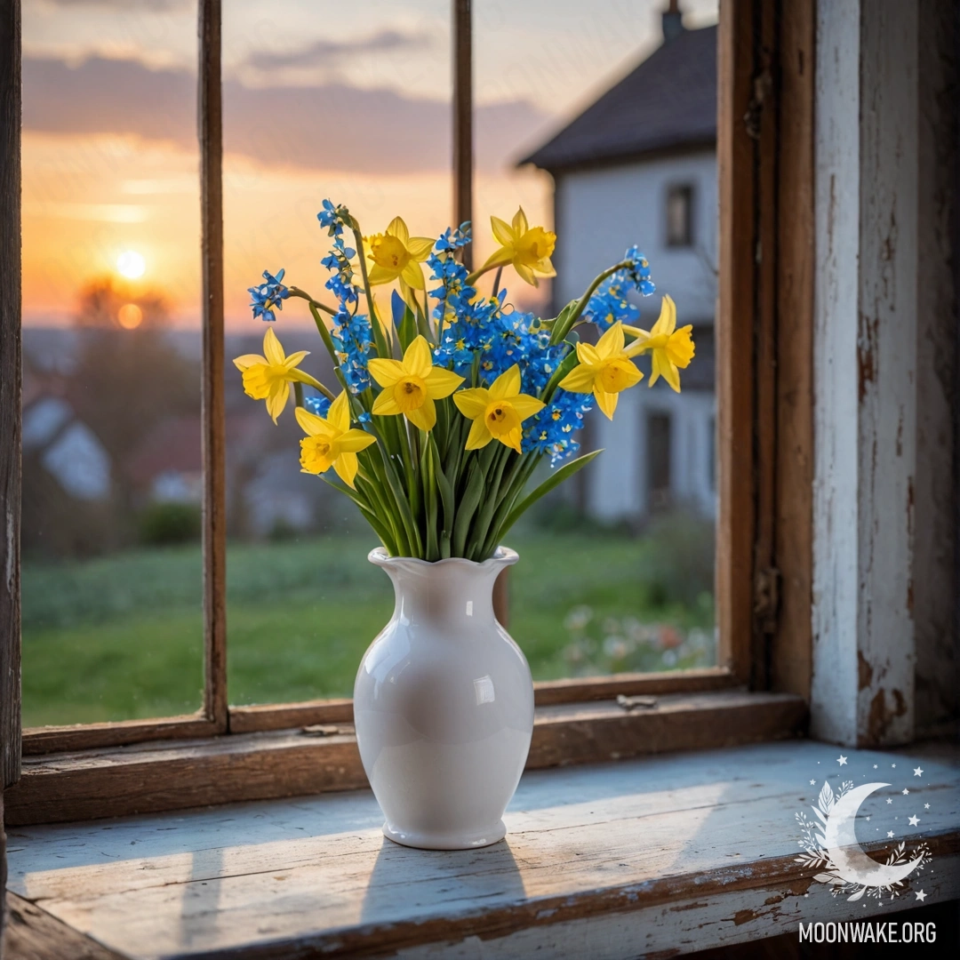 A white porcelain vase with daffodils and forget-me-nots on a shabby wooden window sill at sunset.