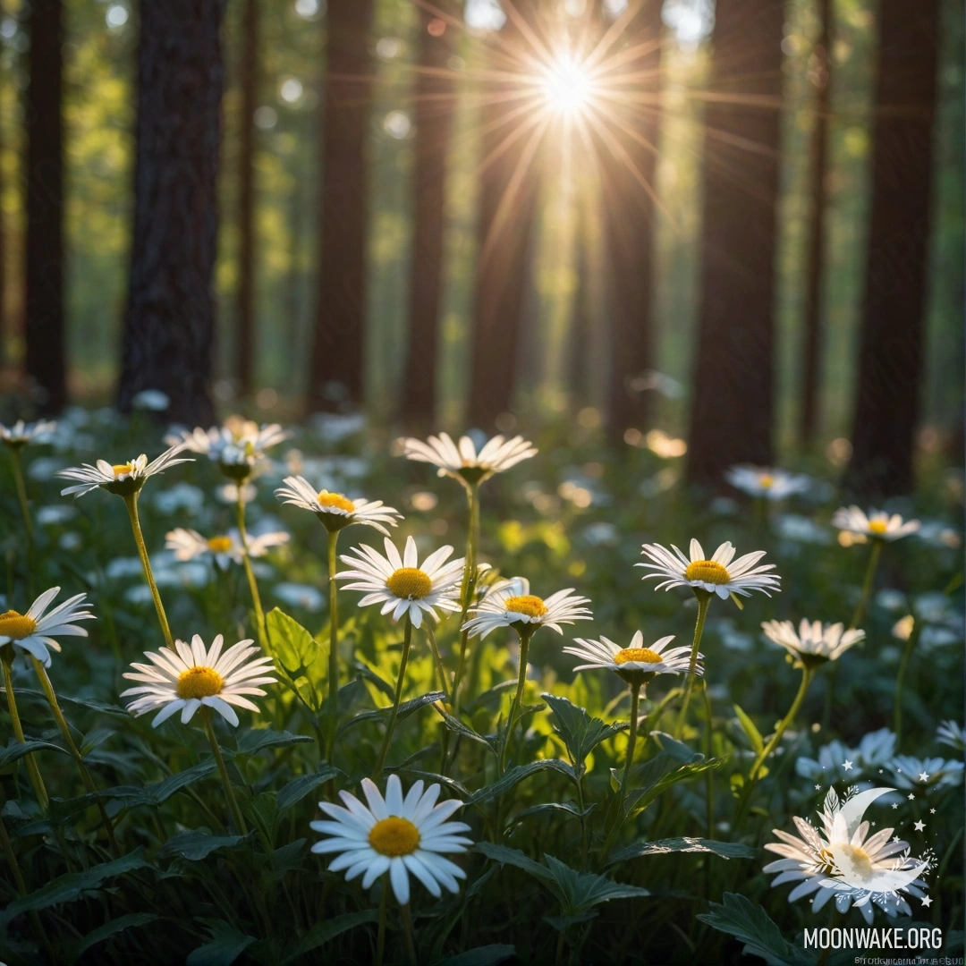 Close-up view of daisies illuminated by sunset rays in a forest