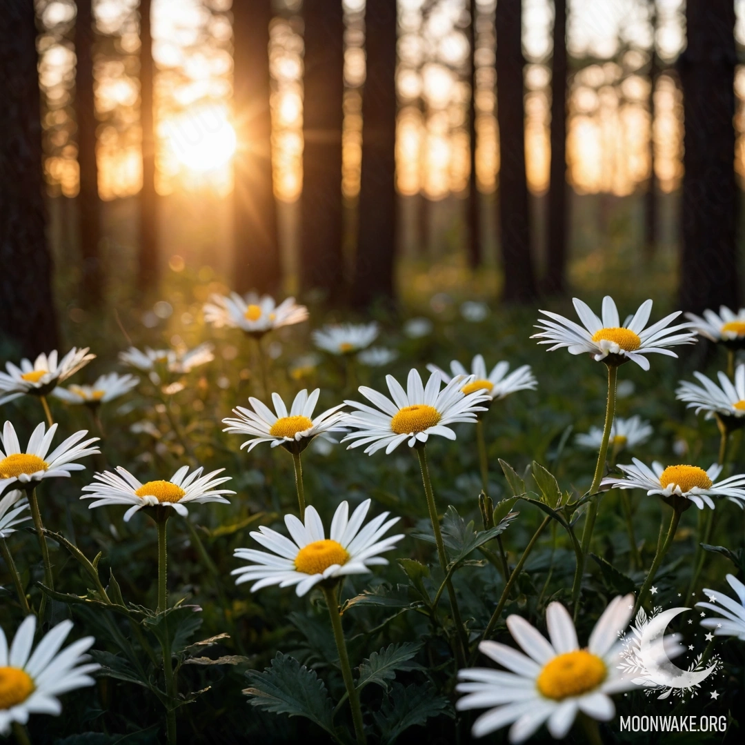 Close-up of daisies with the sun shining through trees at sunset.