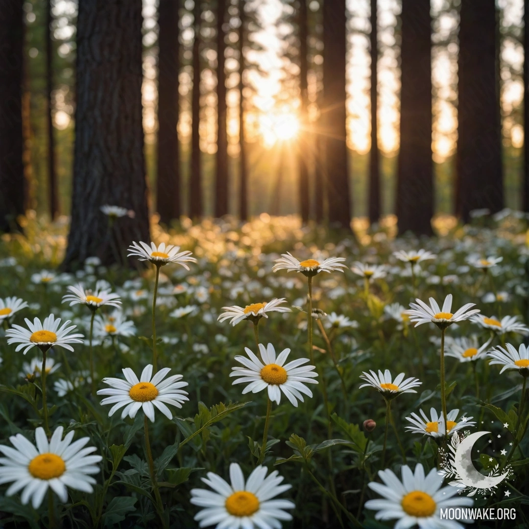 Sunset Through Forest Trees with Daisies Close-up of daisies illuminated by the sunset in a forest setting.