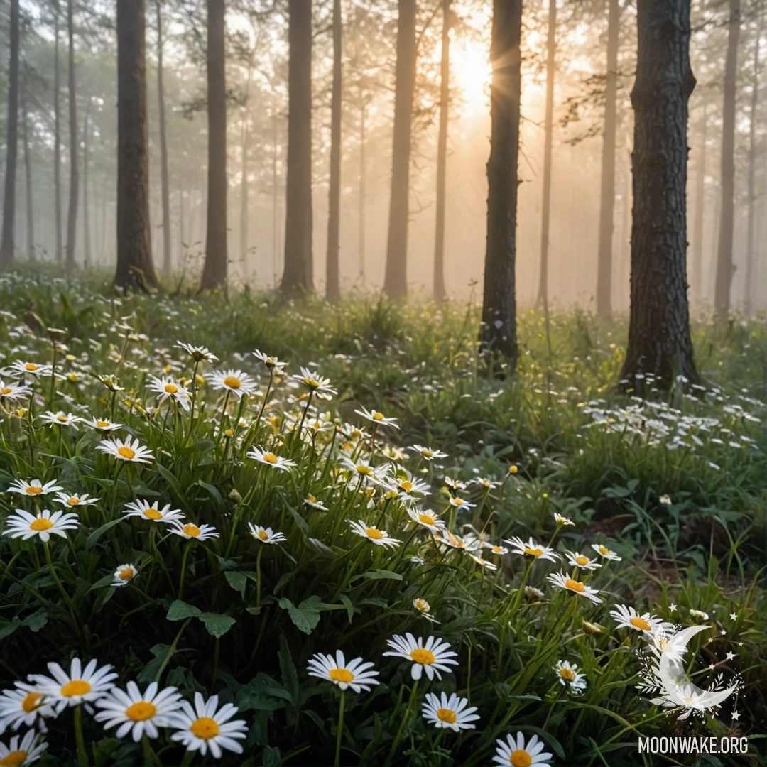 The sun setting behind trees in a foggy forest with daisies in the foreground.