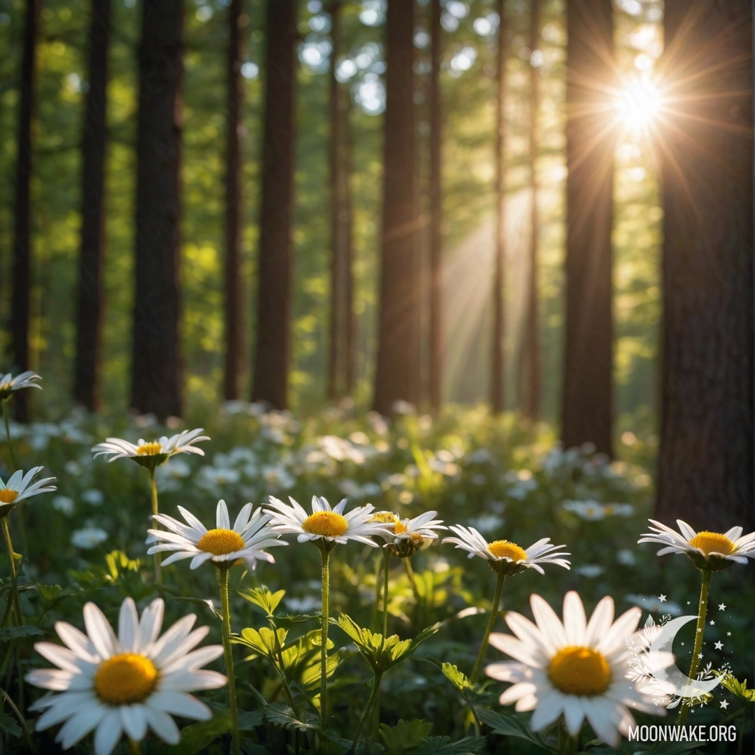 Close-up of daisies illuminated by the sun's rays in a serene forest at sunset.