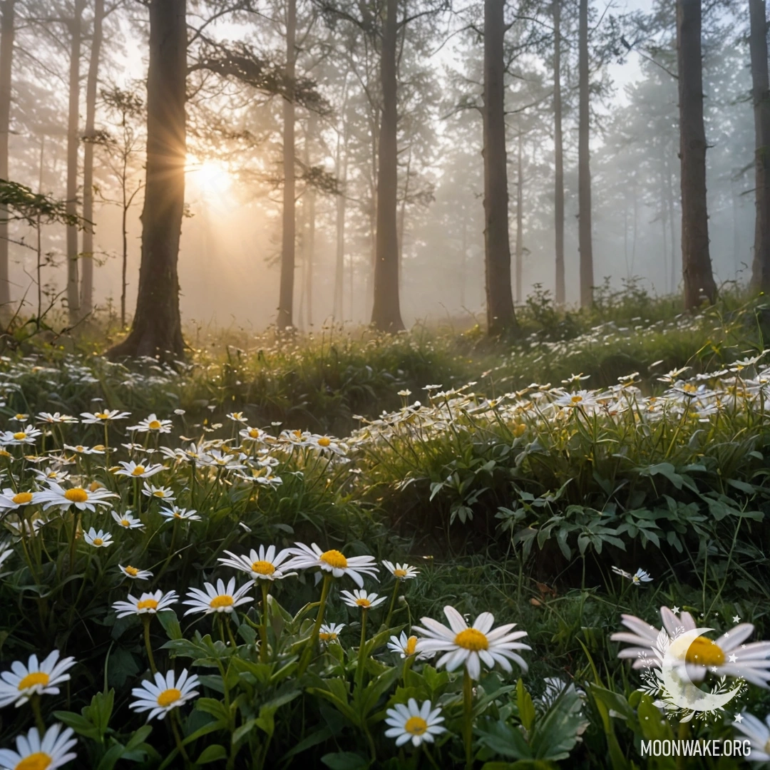 Close-up view of daisies surrounded by dense mist and trees during sunset.