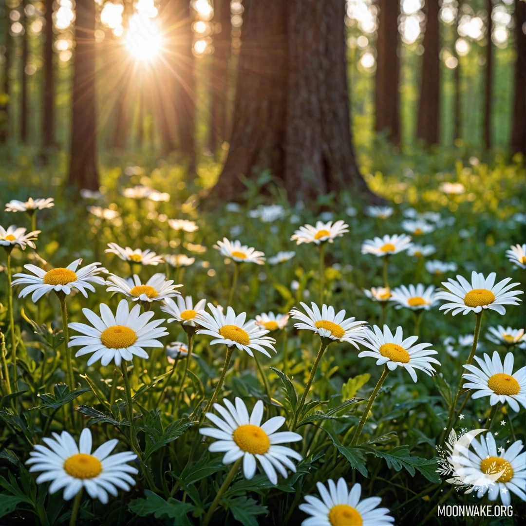 Close-up of daisies illuminated by garland lights in a forest at sunset.