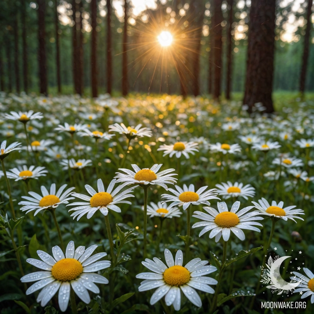 Close-up of daisies under rain with sunlight filtering through trees.