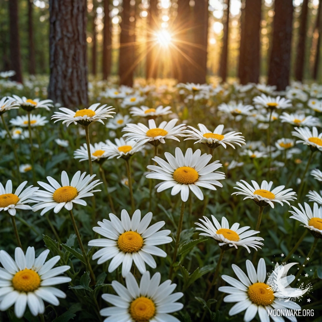 Close-up of daisies with sunlight filtering through trees in a forest at sunset.