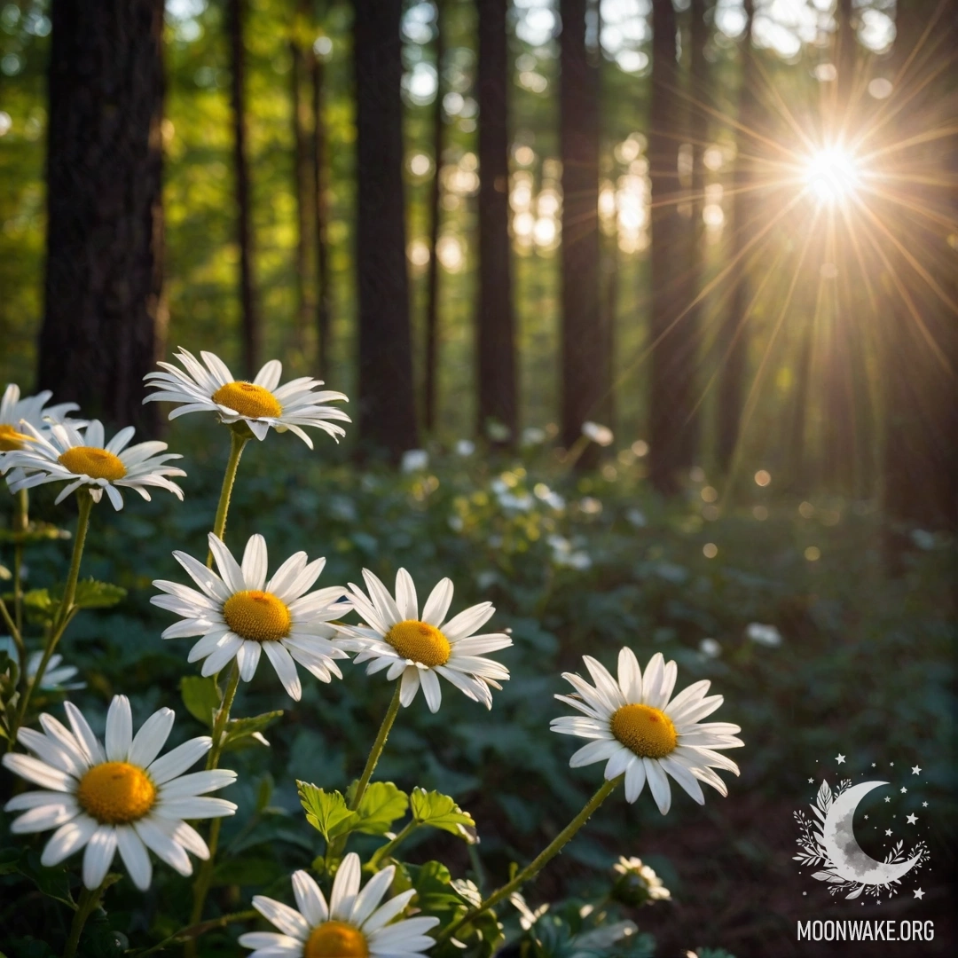 Close-up of daisies illuminated by garland light with sunset in forest background.