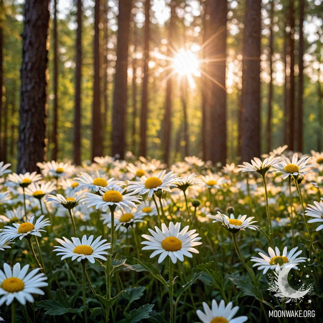 A close-up view of daisies in the forest at sunset, with sunlight filtering through the trees.