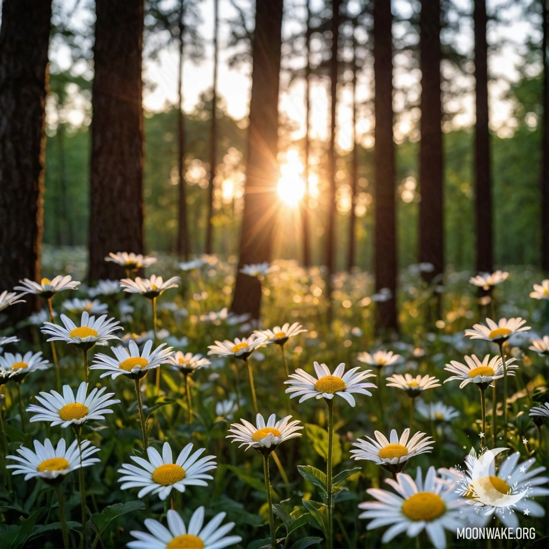 Close-up of daisies in the dark, illuminated by sunset light filtering through forest trees.